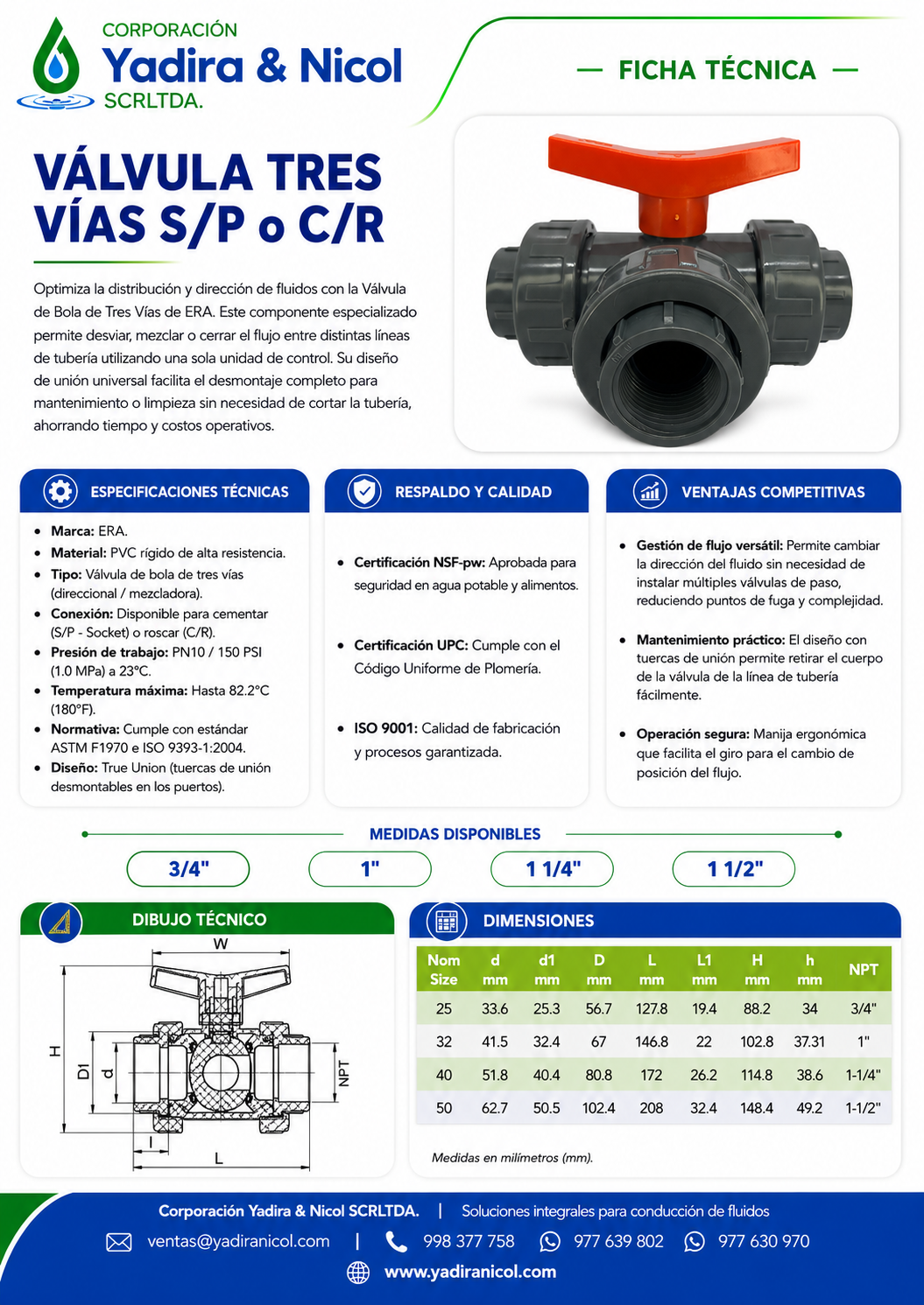 VÁLVULA TRIPLE CON ROSCA PVC SCH-80 ERA