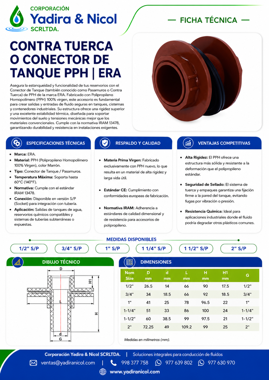 CONTRAPUERCA O CONECTOR DE TANQUE HIDRO PPH ERA