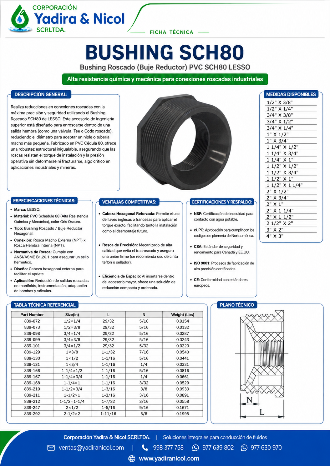 REDUCCIÓN BUSHING CON ROSCA PVC SCH-80 LESSO