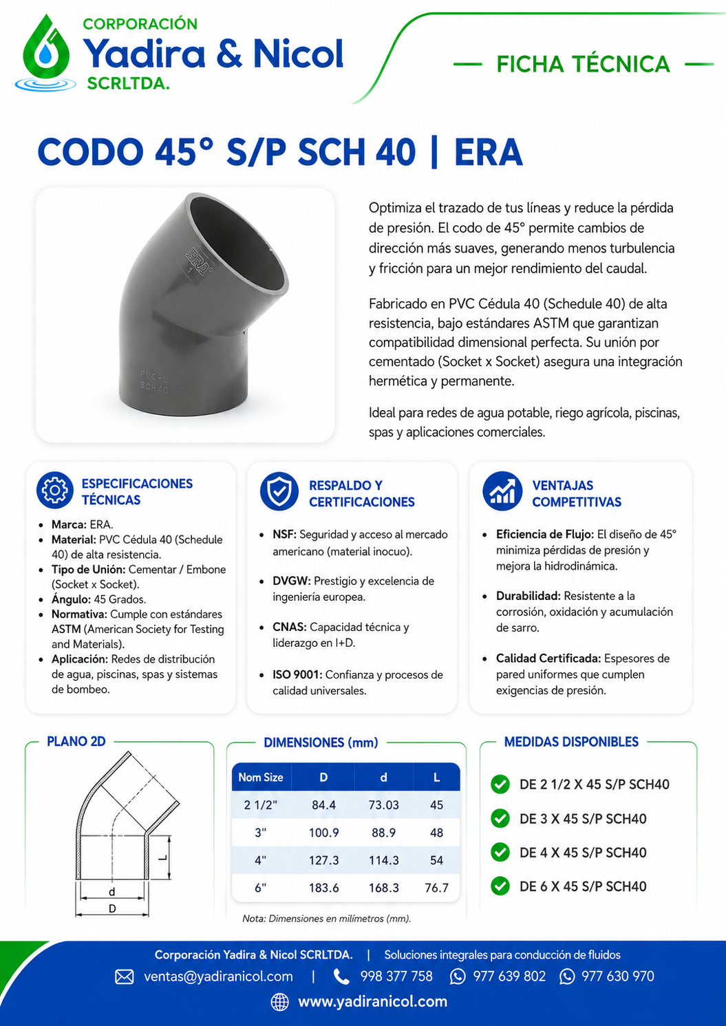 CODO DE 45° A PRESIÓN PVC SCH-40 ERA