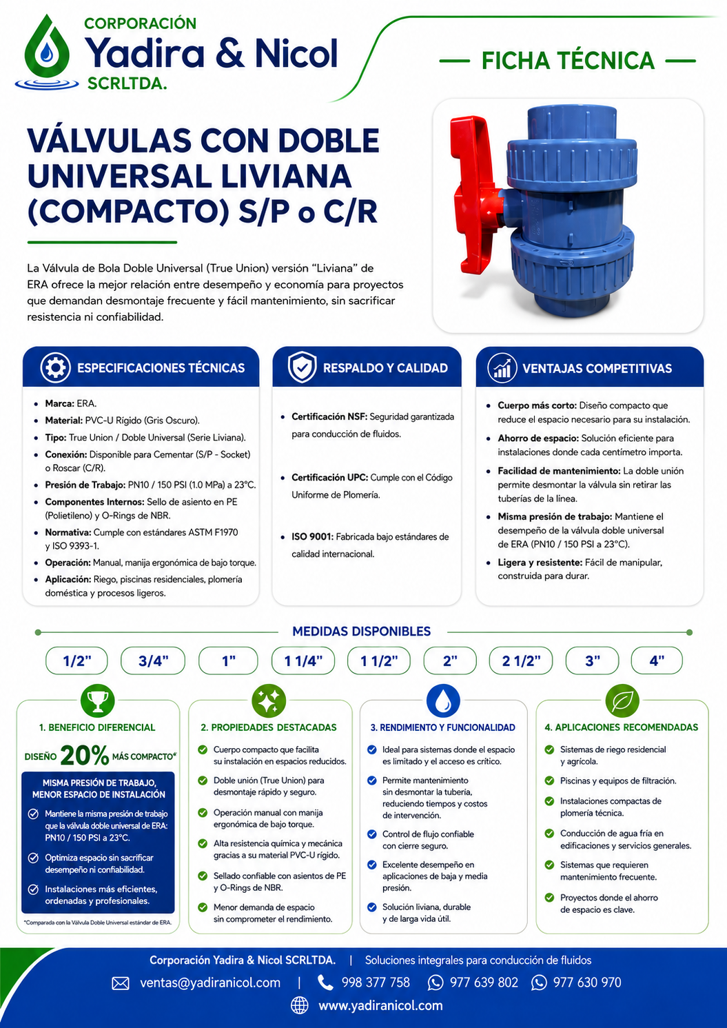 VÁLVULA CON DOBLE UNIÓN UNIVERSAL COMPACTA CON ROSCA PVC ERA