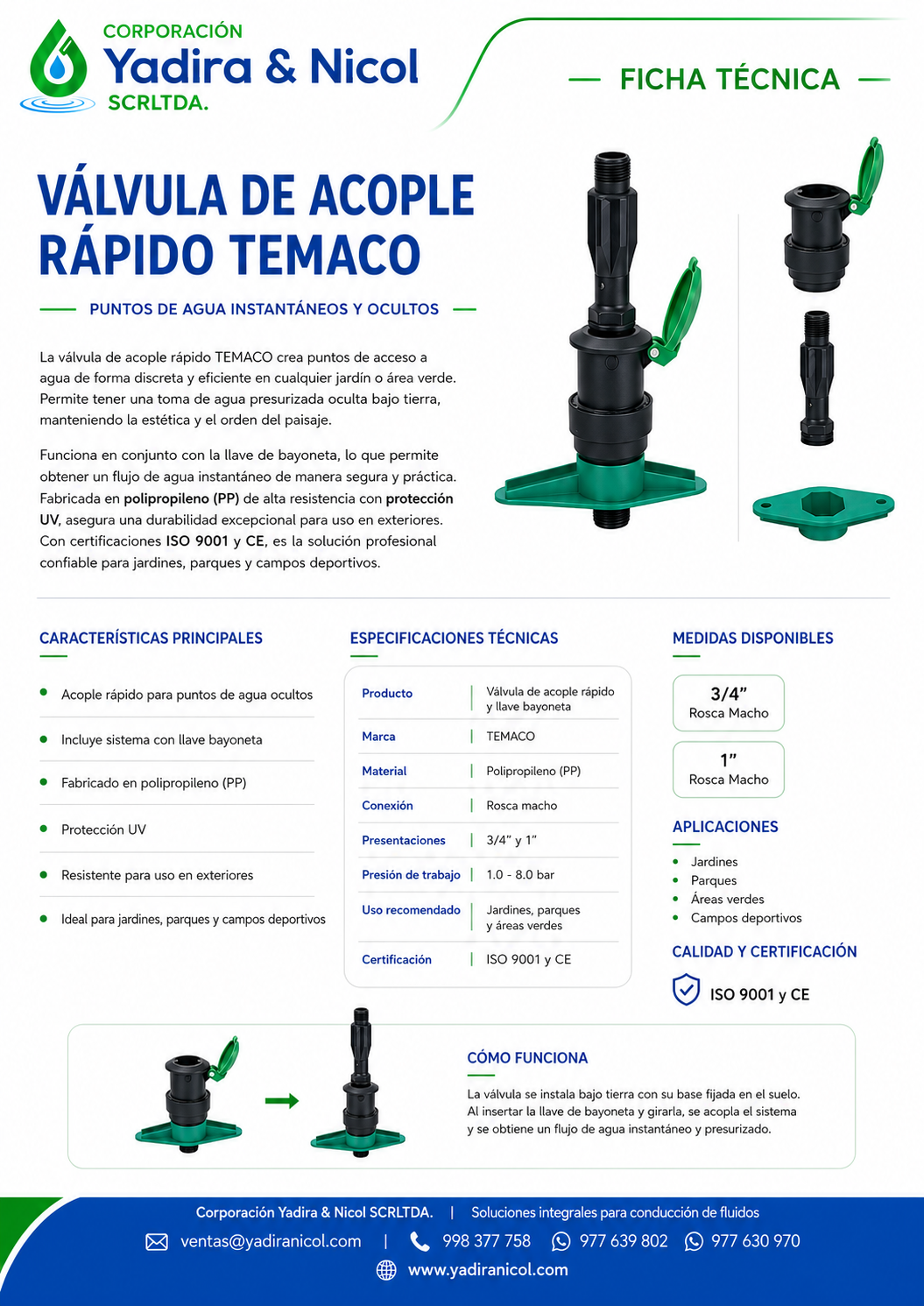 VÁLVULA DE ACOPLE RÁPIDO Y LLAVE BAYONETA POLIPROPILENMO TEMACO