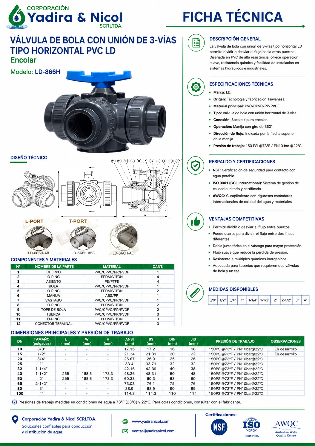 VÁLVULA DE TRES VIAS CON ROSCA PVC LD