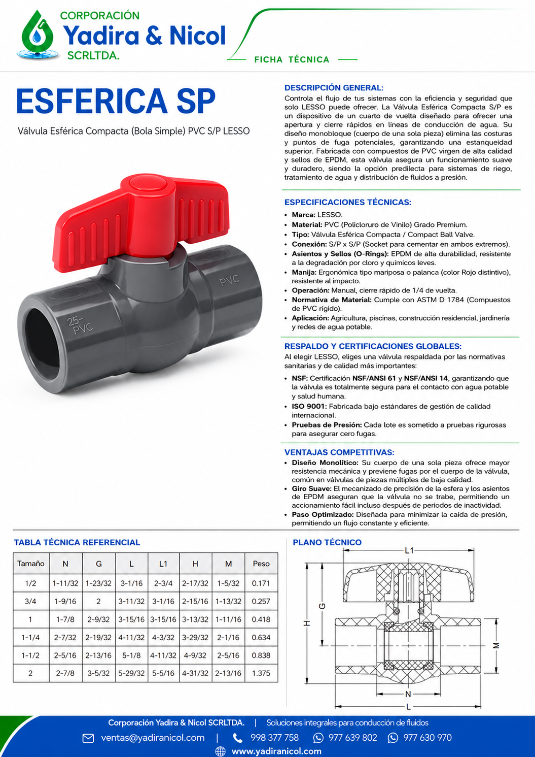 VÁLVULA ESFERICA A PRESIÓN PVC LESSO
