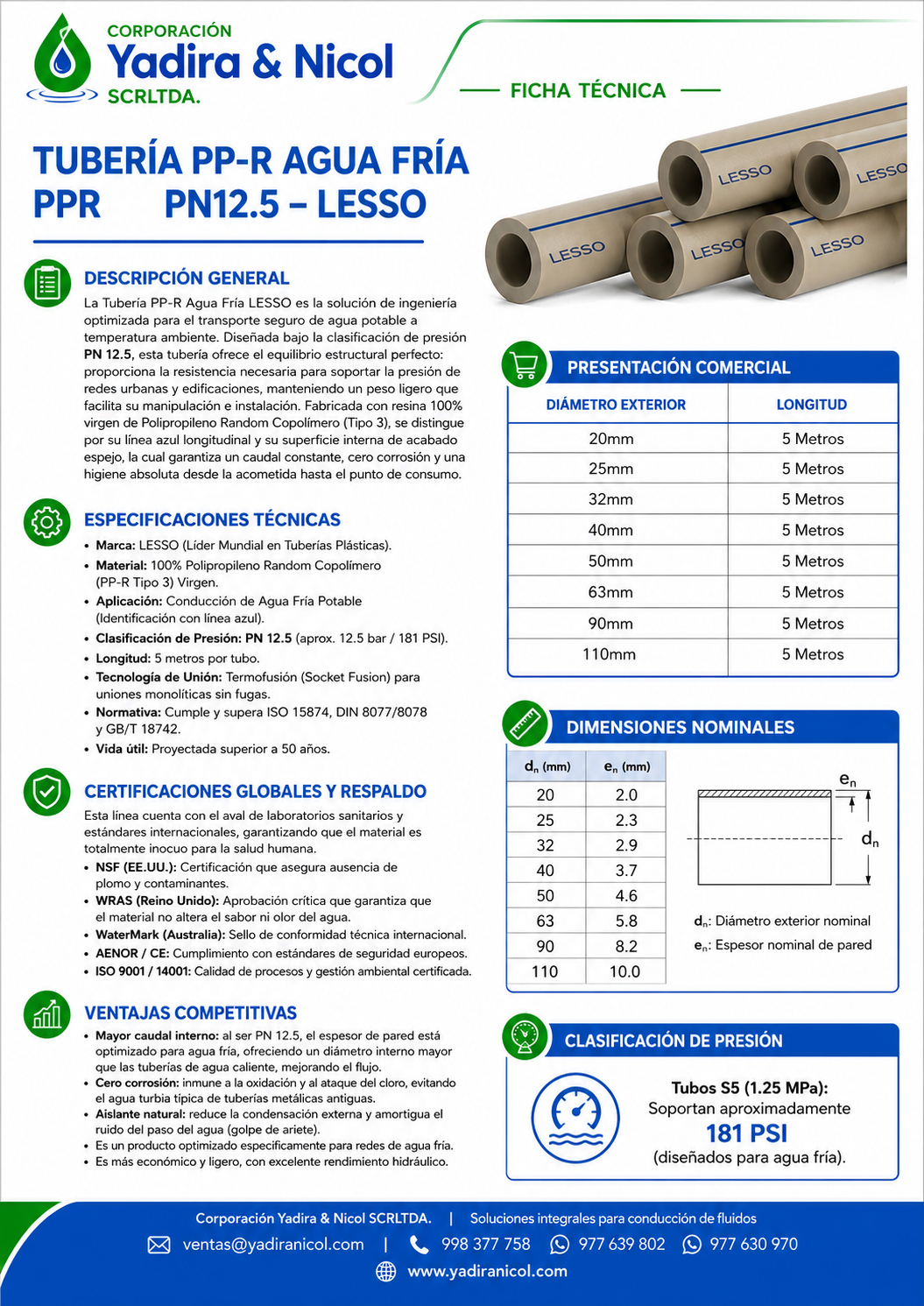 TUBO PARA AGUA FRIA PPR PN 12.5 LESSO