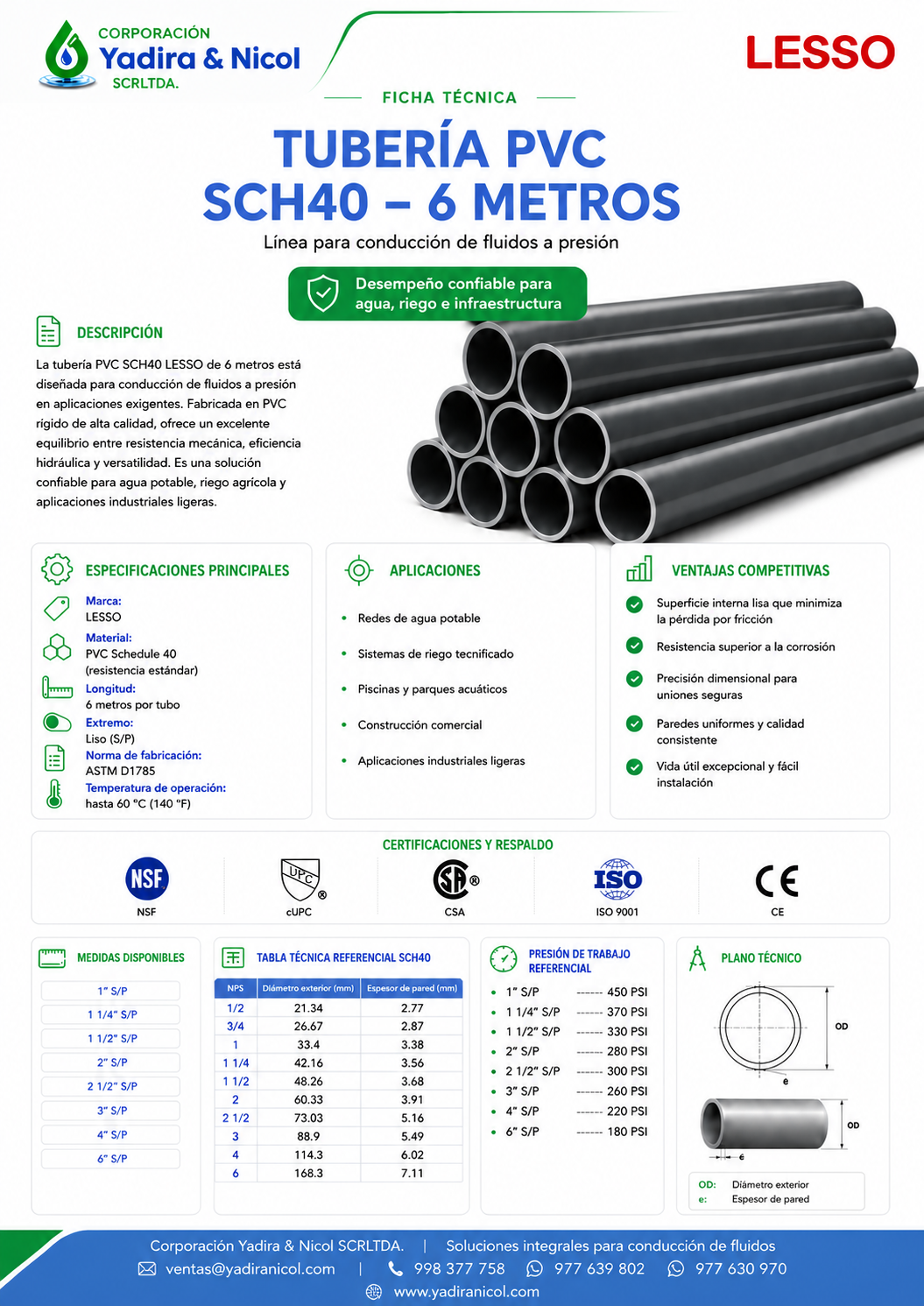 TUBO X 6 MTS A PRESIÓN PVC SCH-40 LESSO