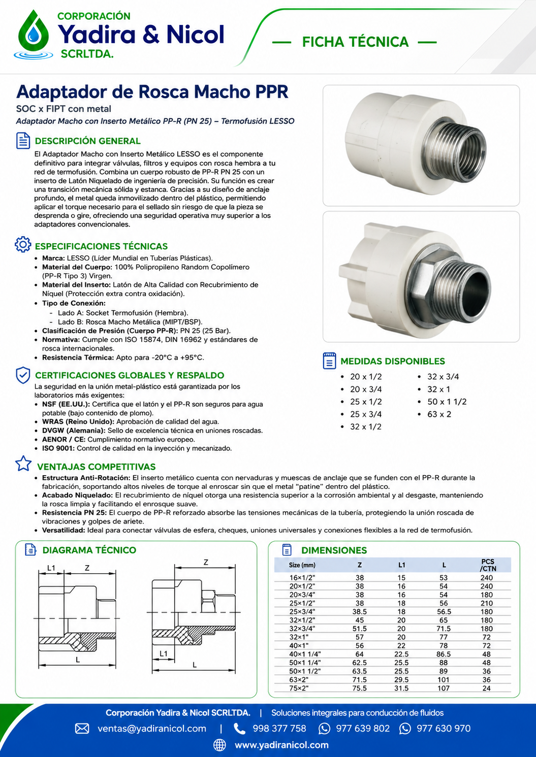 ADAPTADOR CON ROSCA MACHO PPR CON INSERTO DE METAL LESSO